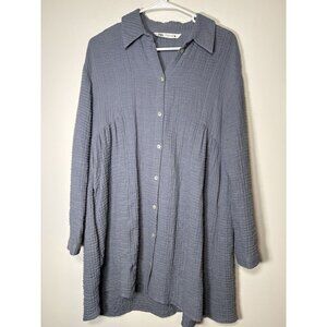 ZARA Crinkle Cotton Beach A-Line Button Down Tunic Shirt Dress Grey/Blue Medium